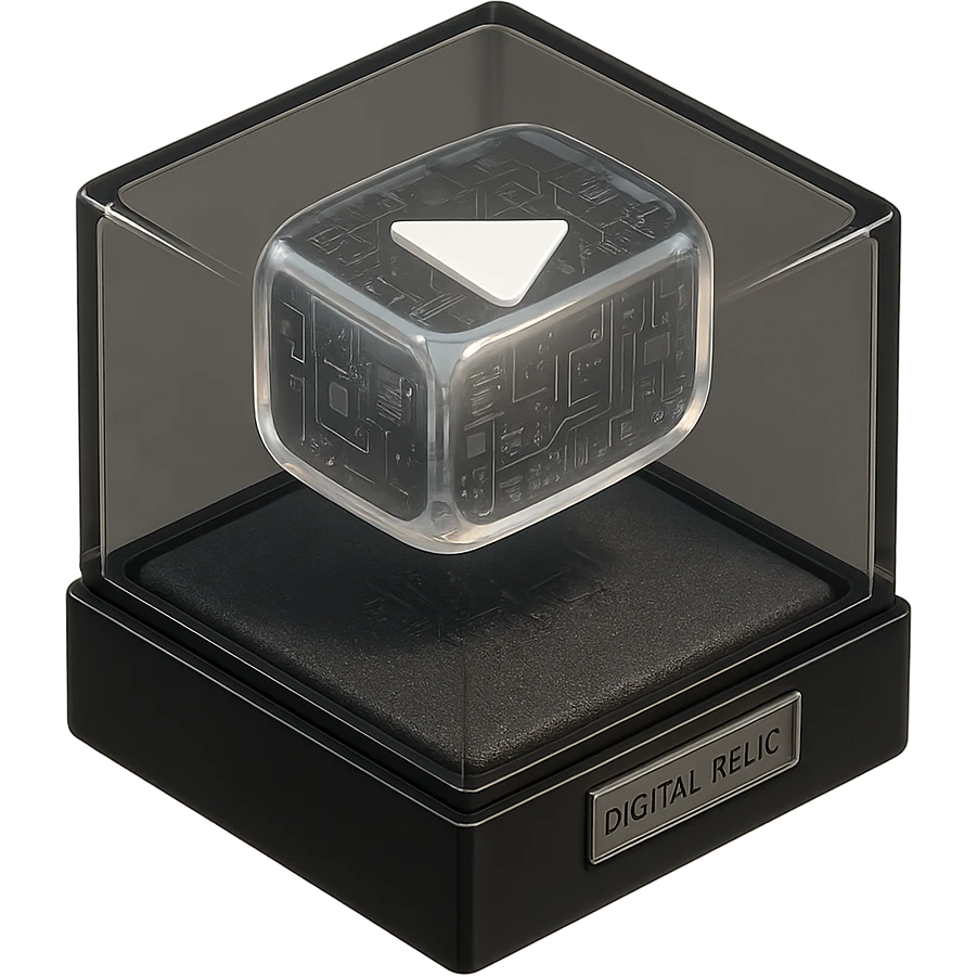 white youtube play button placed in the center of a sleek black acrylic box, like a collectible or museum artifact, foam padding, small engraved nameplate that says “Digital Relic”, soft ambient lighting, real-world texture emoji