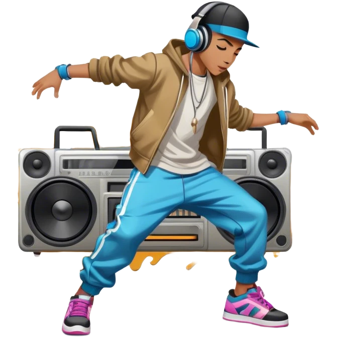 Icon for Street Dance: a dancer in urban streetwear performing a dynamic lower breakdance move, with a spray-painted background, headphones, and a boombox on the asphalt. The icon should capture the energy, style, and creativity of street dance culture. Transparent background. emoji