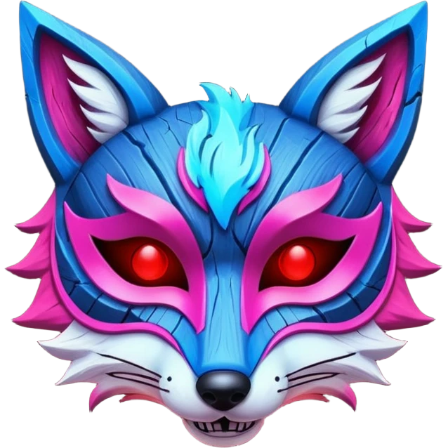 Ancient wooden mask, split in half, luminous and neon with red, blue and pink fox-like glow. emoji