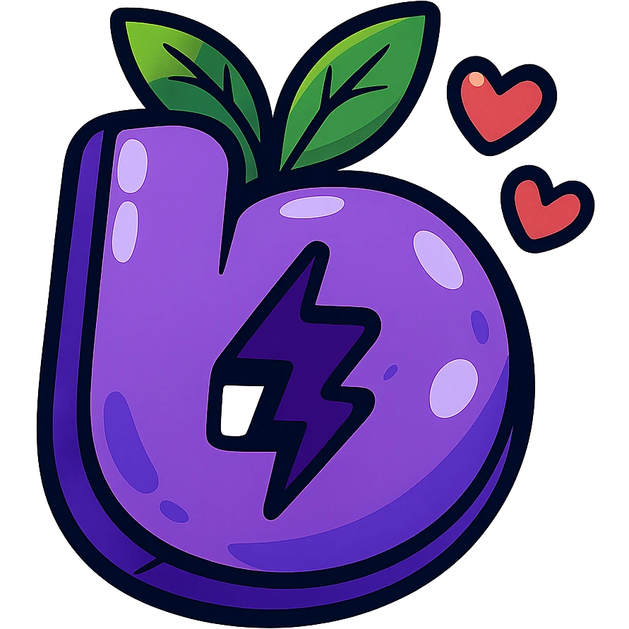 plump vibrant Boosty logo cartoon style purple 'b' with lightning bolt cutout bold outline expressive shadows glossy highlights no background decorated with both leaves and hearts emoji