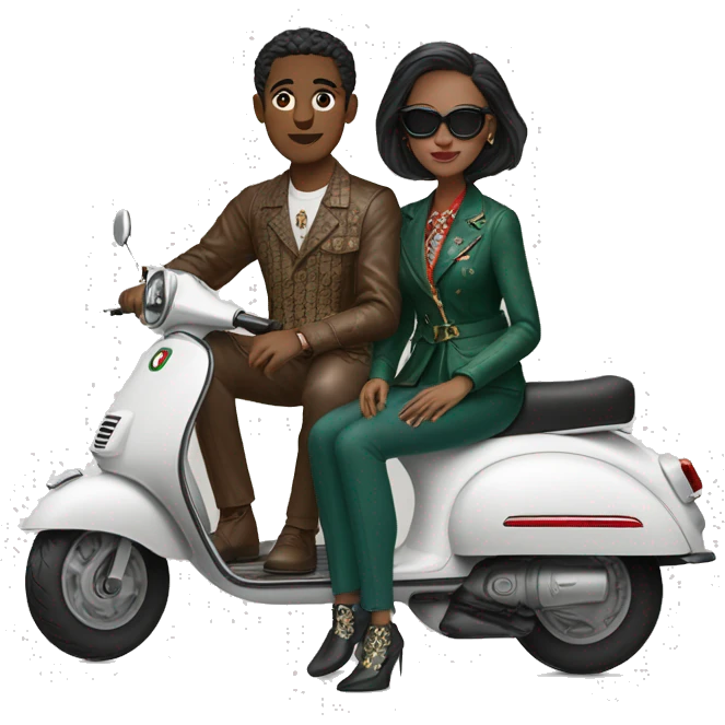 man and woman sitting on a scooter wearing  gucci glothes emoji