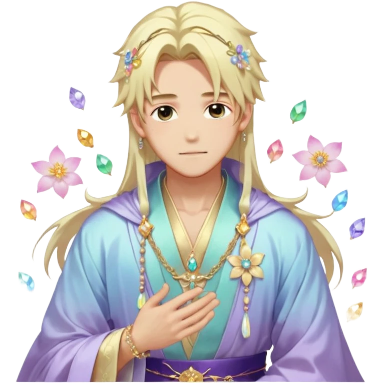 Beautiful gorgeous romantic blushing youthful handsome anime guy with beautiful iridescent-pastel-whitish-special-medium-long-hair, fashion aesthetic, ethereal, fairycore, pastelcore, flower petals, crystals, layered robes, accessories, jewelries, gold, colorful, shiny, trending style, outside emoji