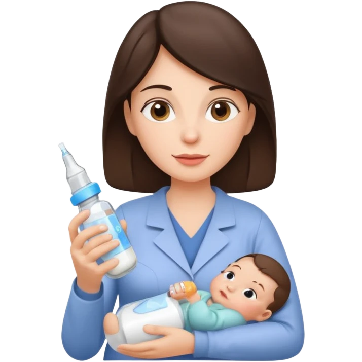 Brunette Mother holding a baby bottle with milk and a vaccine syringe emoji