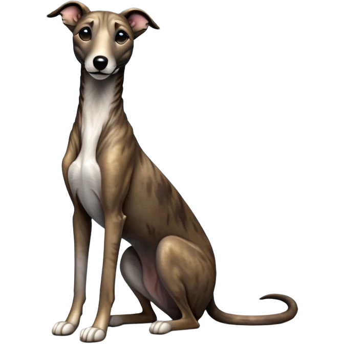 cinematic-[brindle greyhound]-realistic-full-body-sitting-emoji,-tail-resting-loosely-beside-its-paws,-head-tilted-dramatically, -sleek-[brindle]-fur,-simplified-yet-realistic-focused-features,-highly-detailed,-glowing-with-an-almost-sarcastic-glow emoji