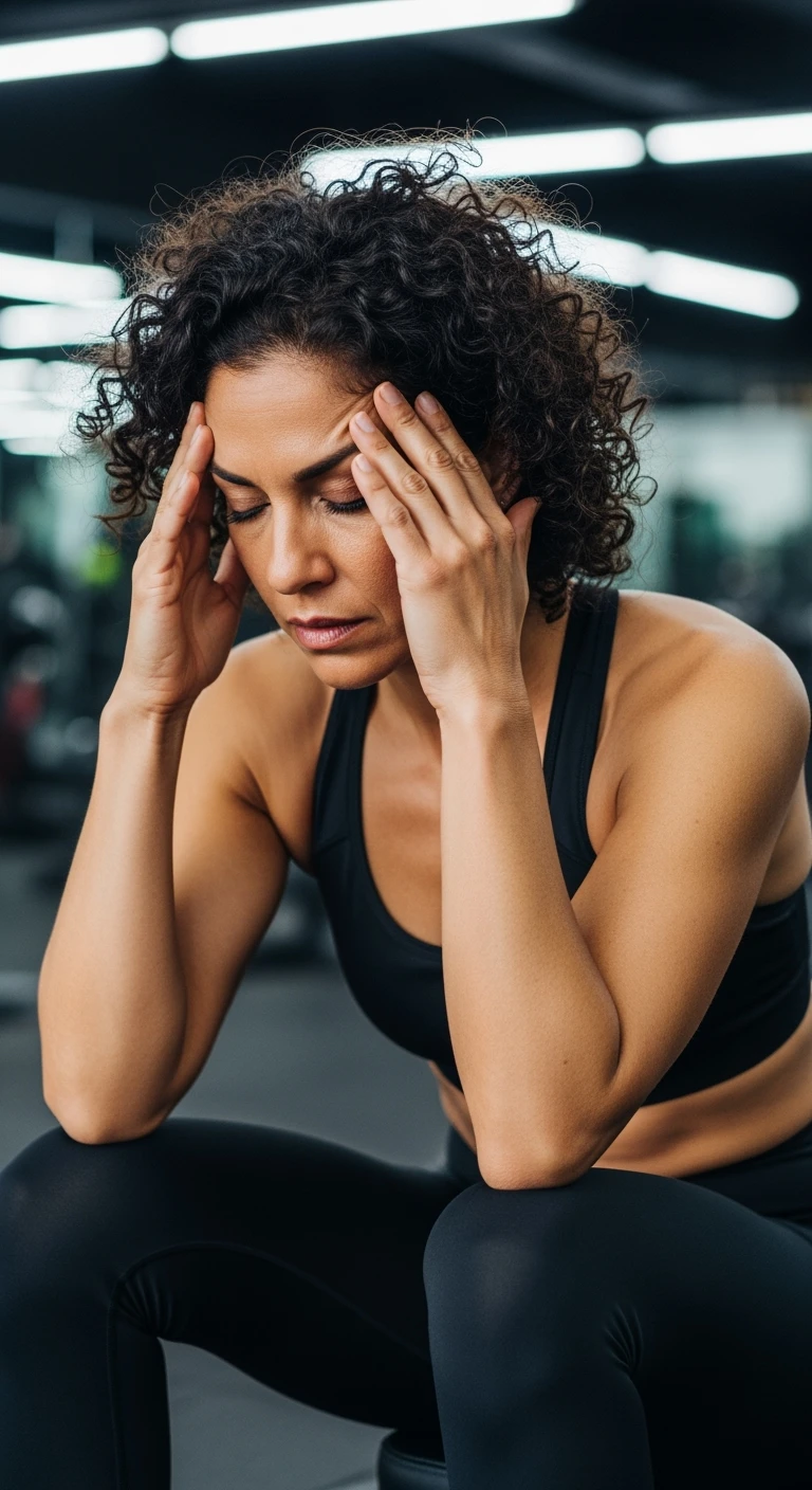 DONNA FITNESS STRESSATA CHE SI TIENE LE MANI SULLA FRONTE, IPERREALISTICA 4K emoji