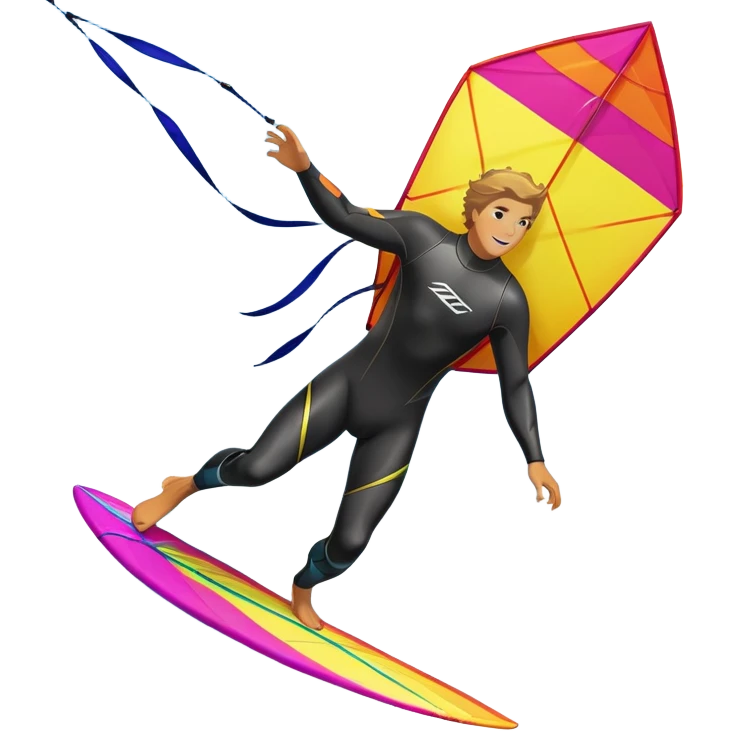 A kite surfer gliding across the ocean, with a colorful kite soaring high in the sky and the surfer carving through the waves. The scene captures the energy and freedom of the sport, with the sun shining and the ocean's waves splashing around. emoji