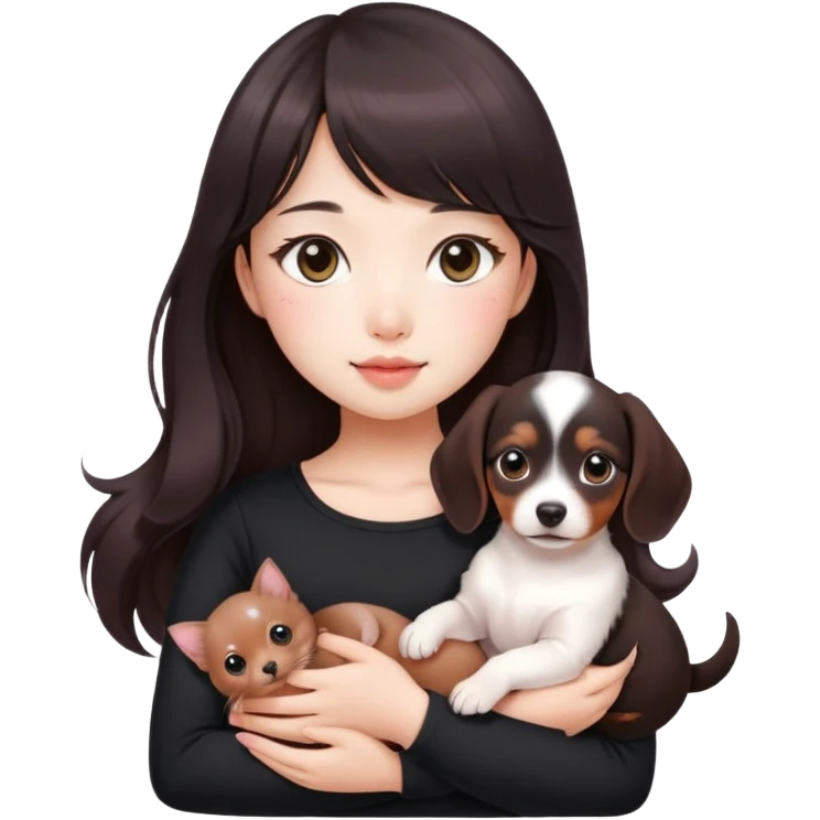 Asain girl with pink blush, wearing a black skinny top, long dark brown curled hair with straight bangs. Carrying a white kitten and a brown dashund puppy.  emoji