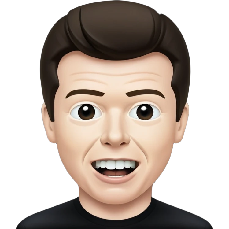 Rick Astley with straight face but with front teeth out and the background is heavily distorted with black and Rick Astley is lighter than the background emoji