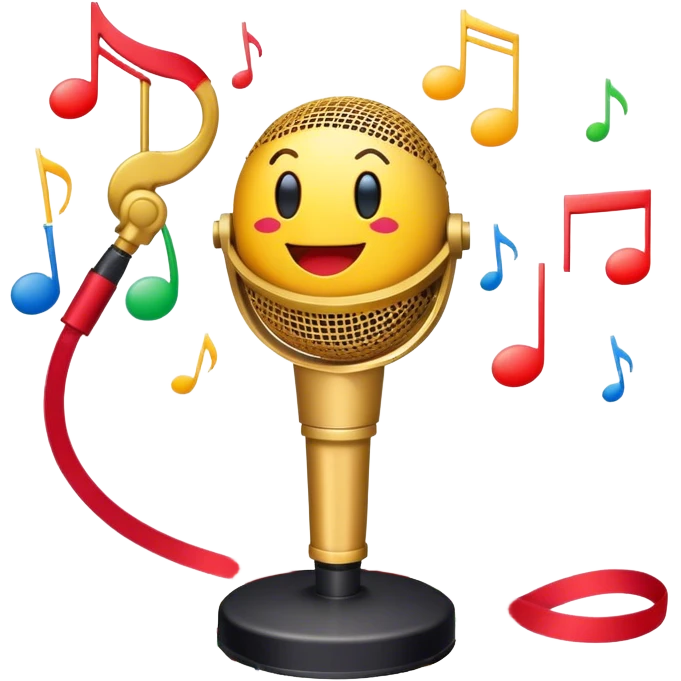 Create a vibrant and dynamic emoji that represents pop vocal performance without people. The design should feature a close-up of a classic stage microphone (retro-style) with a lanyard, set against a stage background. Add concert lighting, a celebratory salute of confetti or fireworks in the background, and musical notes forming a ribbon, symbolizing the performance and creativity of pop vocals. Include subtle elements like a formal stage costume to emphasize the professional aspect. Use bright, bold colors like gold, red, and neon to reflect the energetic and glamorous nature of pop vocal performance. The background should be transparent. emoji