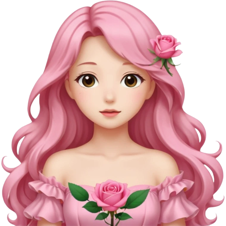 Gorgeous pastel anime lady with long hair and pink rose dress emoji