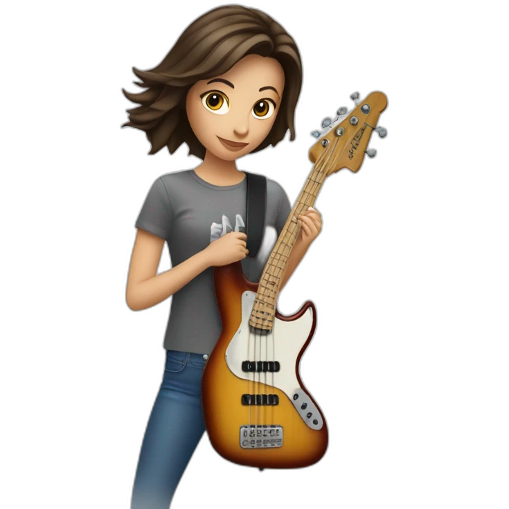 White brunette in t-shirt playing four string electric bass guitar emoji