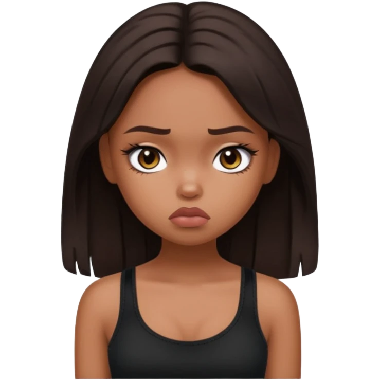 generate a pretty fair bratz girl with long dark brown hair looking sad. Wearing a black cami emoji