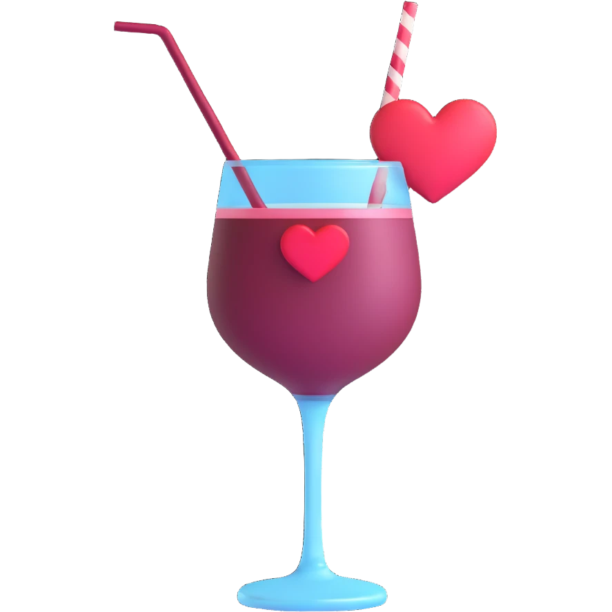 3D emoji style cocktail glass with burgundy drink and a heart-shaped stirrer emoji