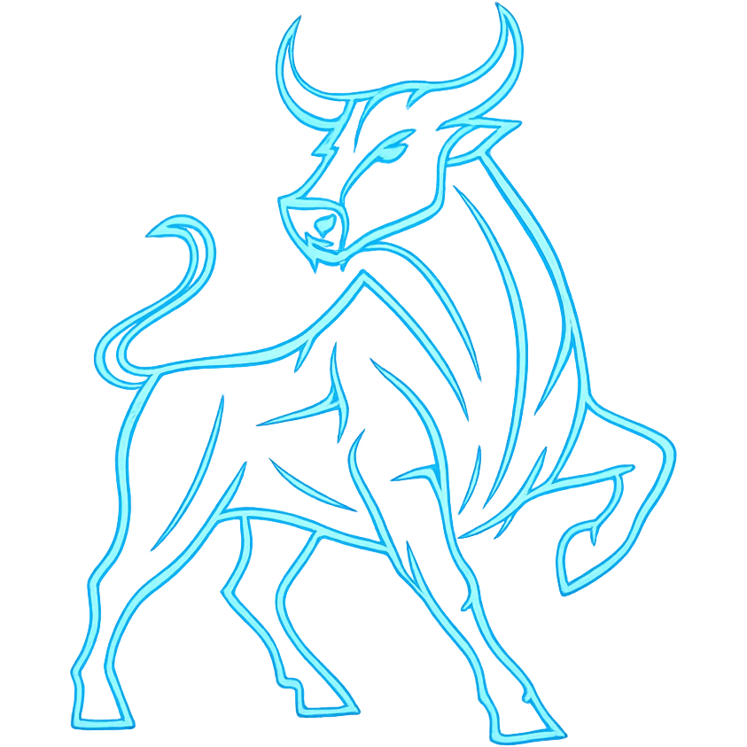 Transform the bull logo into a modern, tech-inspired style with a glowing blue effect, keeping the transparent background. Emphasize sleek, futuristic design elements and luminous blue highlights to convey a high-tech aesthetic. emoji