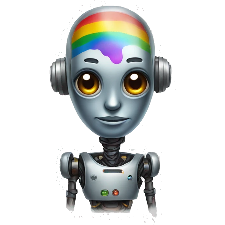 The robot has some rainbow tattoos on its face emoji