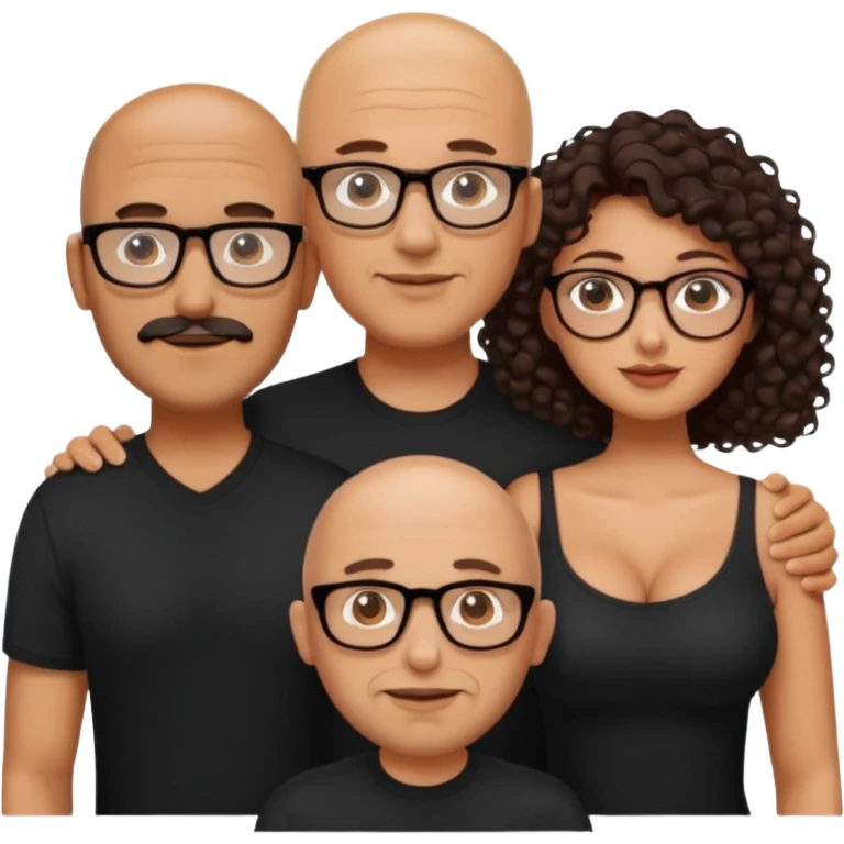 A picture of a tanned couple. the man is a Mexican man with tanned skin, no glasses, a bald hair cut, short beard and wearing a black shirt. the woman is wearing glasses, with long curly dark brown hair and with big boobs  emoji