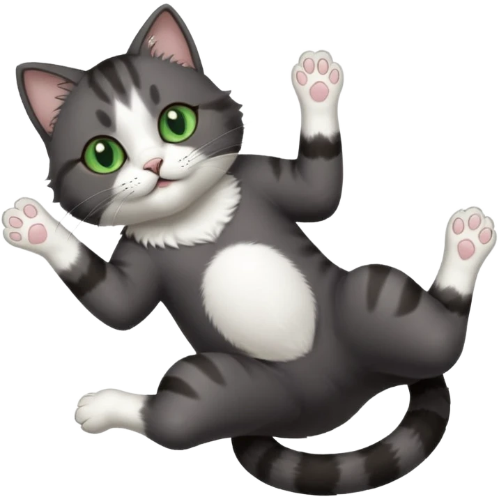 dark grey cat with green eyes, white toes/paws and white patch on her chest playfully rolling upside down emoji