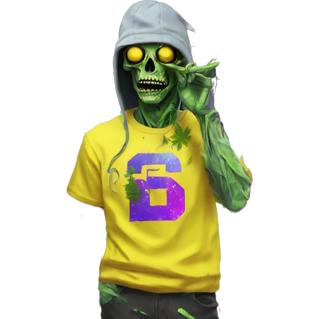 420 .Zombie_ Vaporwave black holographic oilslick zombie smoking yellow caution tape hemp leaves hemp plants emoji