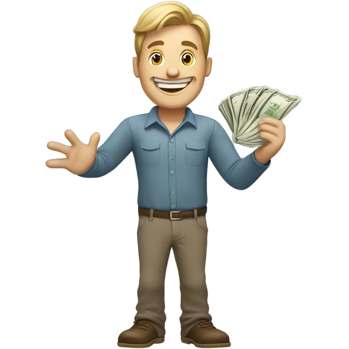 Caucasian Man sticking out his hand with money and a big smile emoji