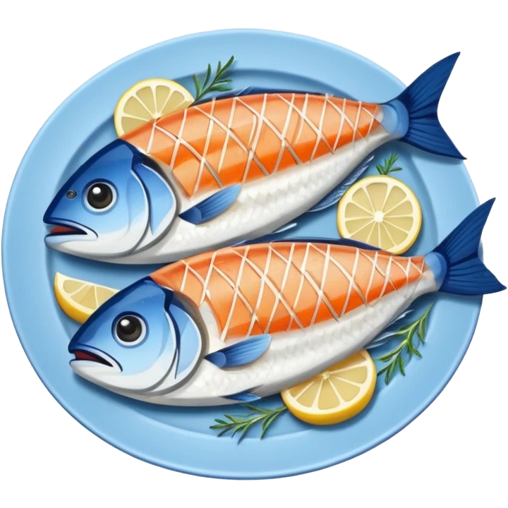 Fish dishes avatar in bright emoji-style illustration. Grilled fish, fillets, and seafood, blue and silver tones, simple shapes, flat design, fresh and flavorful. emoji
