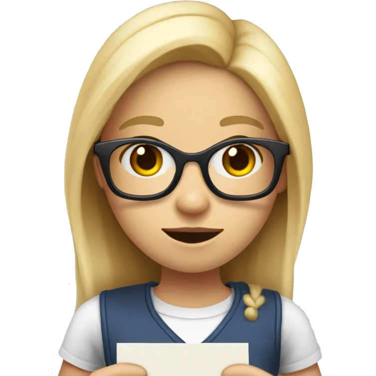 A blond girl with long hair and with glasses holding a heart enveloppe in her hand and pulling out a letter that says ‘im sorry tony’ emoji