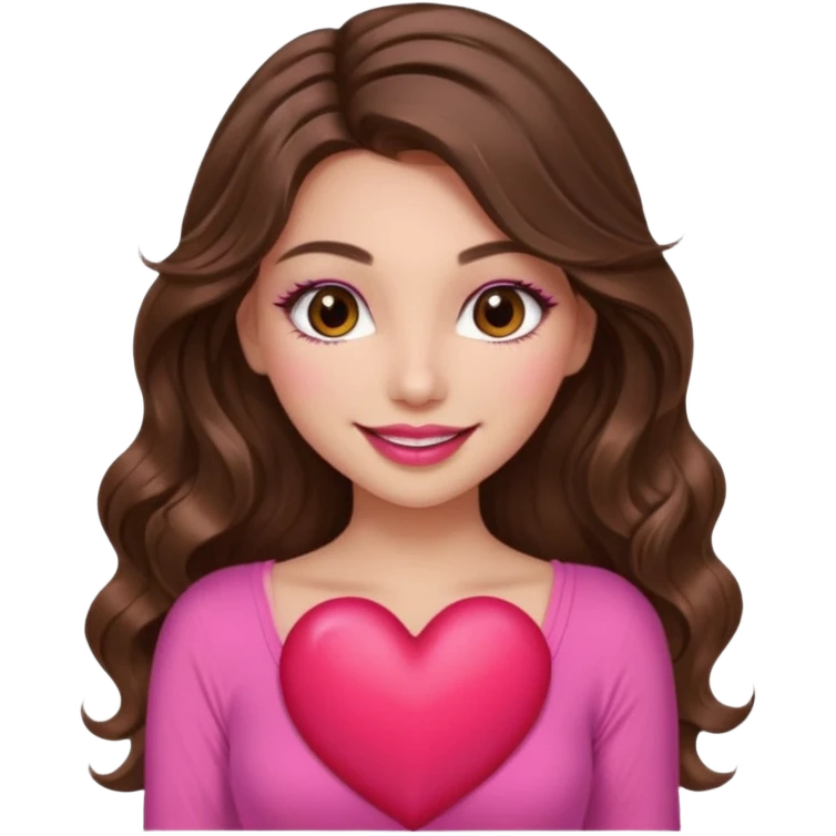 girl with long wavy brown hair, brown eyes, long lashes makeup, sexy pink lips, light to medium complexion, wearing a pink sexy top, smiling, holding a big heart emoji