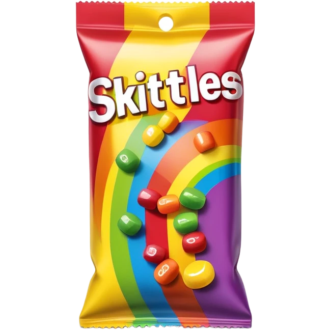 A damaged Skittles package repaired with strips of clear scotch tape, colorful packaging with rainbow colors, minimalist emoji