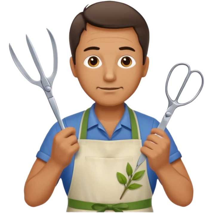Middle-aged male florist – apron on, trimming stems with scissors emoji