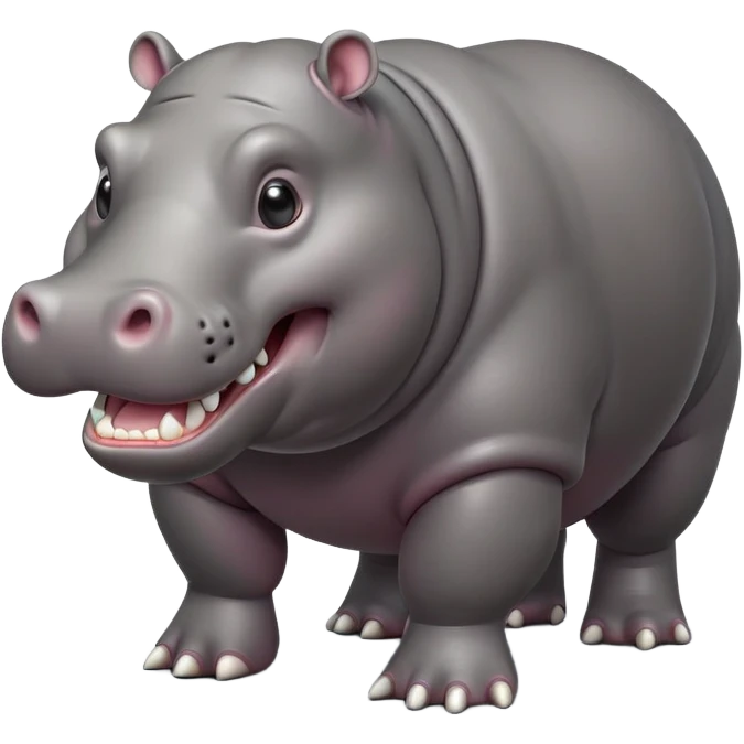 cinematic-hippo-realistic-full-body-side-view-standing-on-all-fours-emoji,-massive-round-frame,-wide-mouthed-grin-exposing-huge-teeth,-head-tilted-dramatically,-thick-grey-hide-glossy, big cute eyes emoji