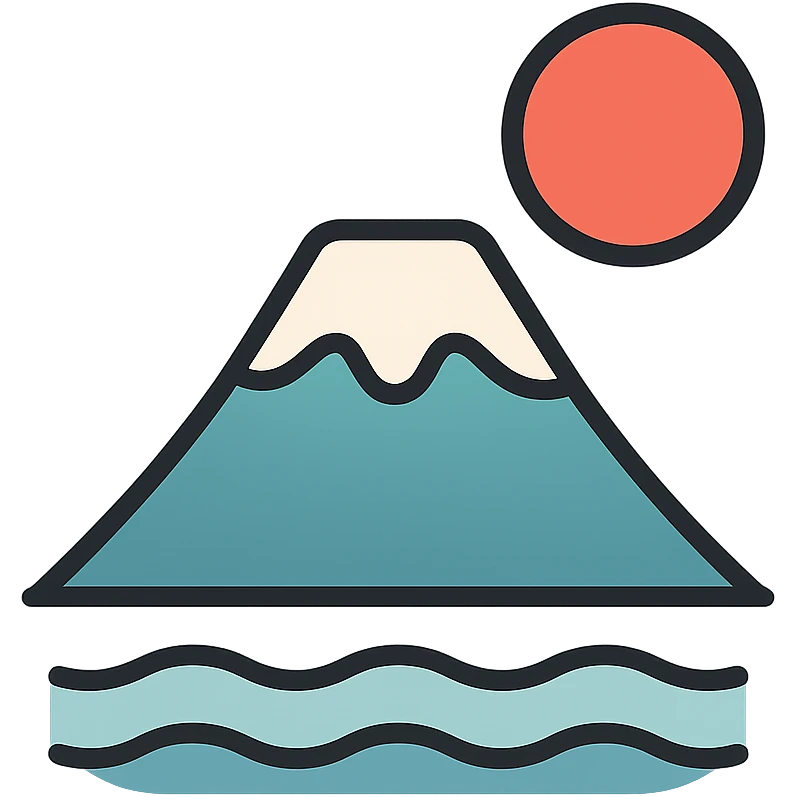 minimalist Japanese landscape icon, Mount Fuji with a red sun, soft gradients, serene feel emoji