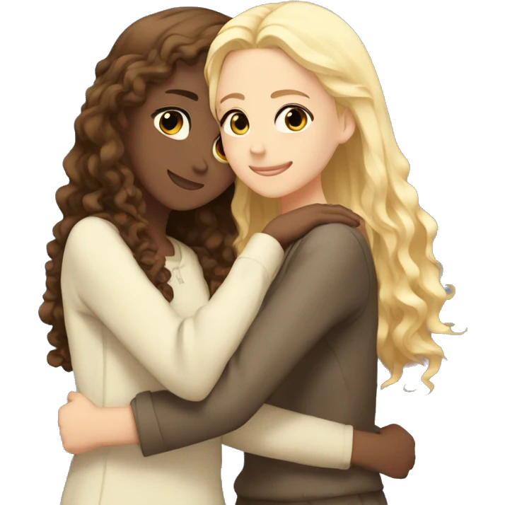 One arabic girl with  brown curly hair and another girl with straight blonde hair hugging each other anime  emoji