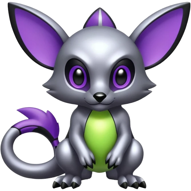 Futuristic cool shiny metallic alloy silver-grey-black-obsidian purple neon-green white lime animal hybrid Fakemon full body emoji