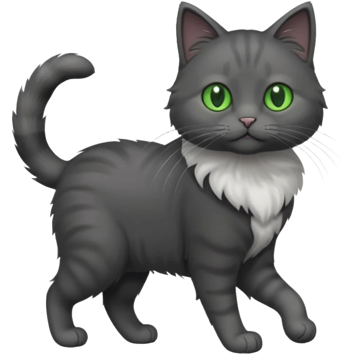 full body solid dark grey cat with green eyes, white paws and white whiskers walking emoji