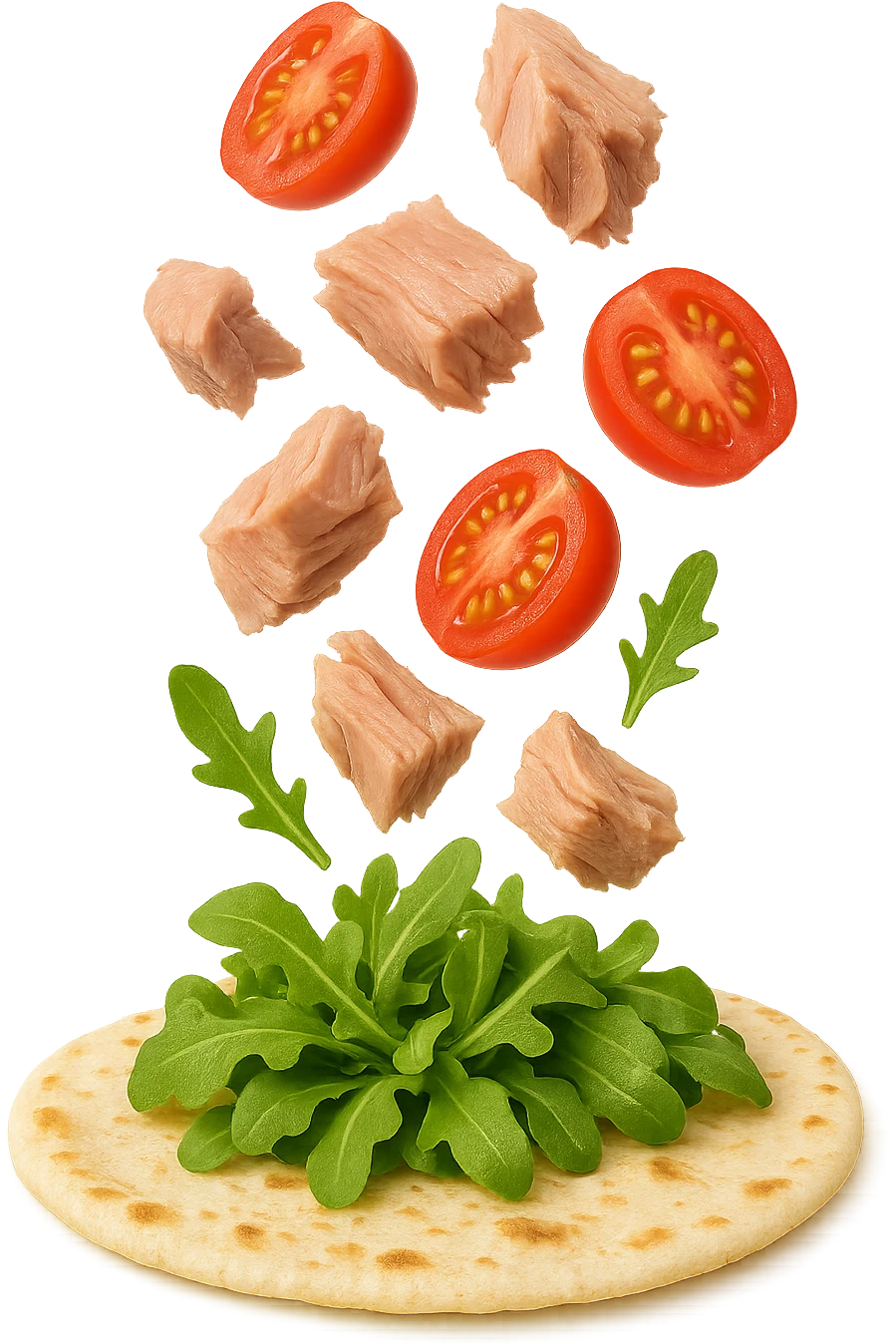 EMOJI STILE IPHONE DI con tonno, valeriana e pomodorini cadono verticalmente su una piadina, iperrealistica 4k emoji