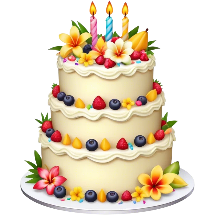 Realistic confetti vanilla birthday cake, elaborate, layered, with tropical flowers and fruits  emoji