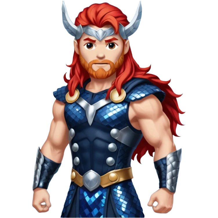 Thor, God of Thunder from Gods and Goddesses with long red hair, dark blue and silver sequin outfit emoji