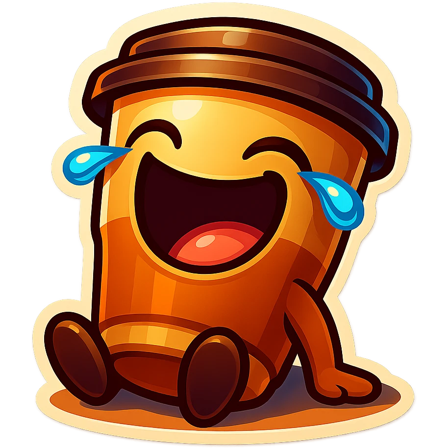 Tall coffee cup, laughing hard, tears in eyes, sitting on ground, tilted back, dramatic laugh emoji