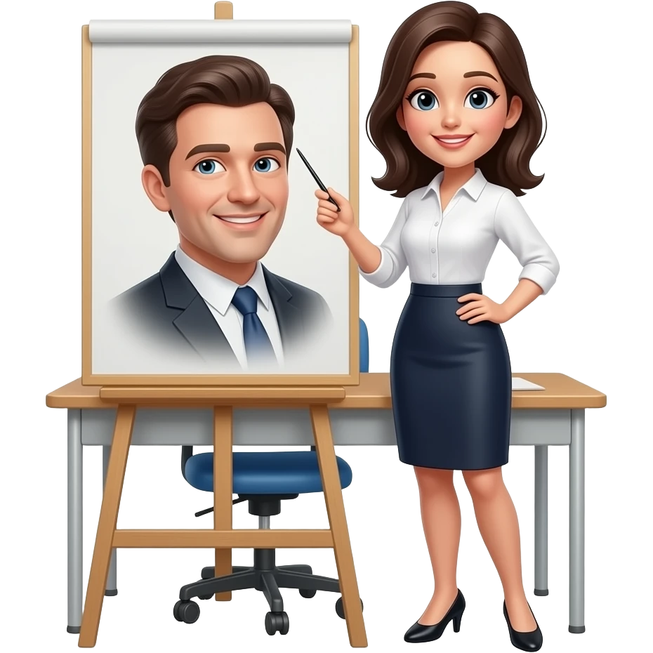 women teacherwith dark hair by the table and the desk with pointer in skirt and shirt emoji