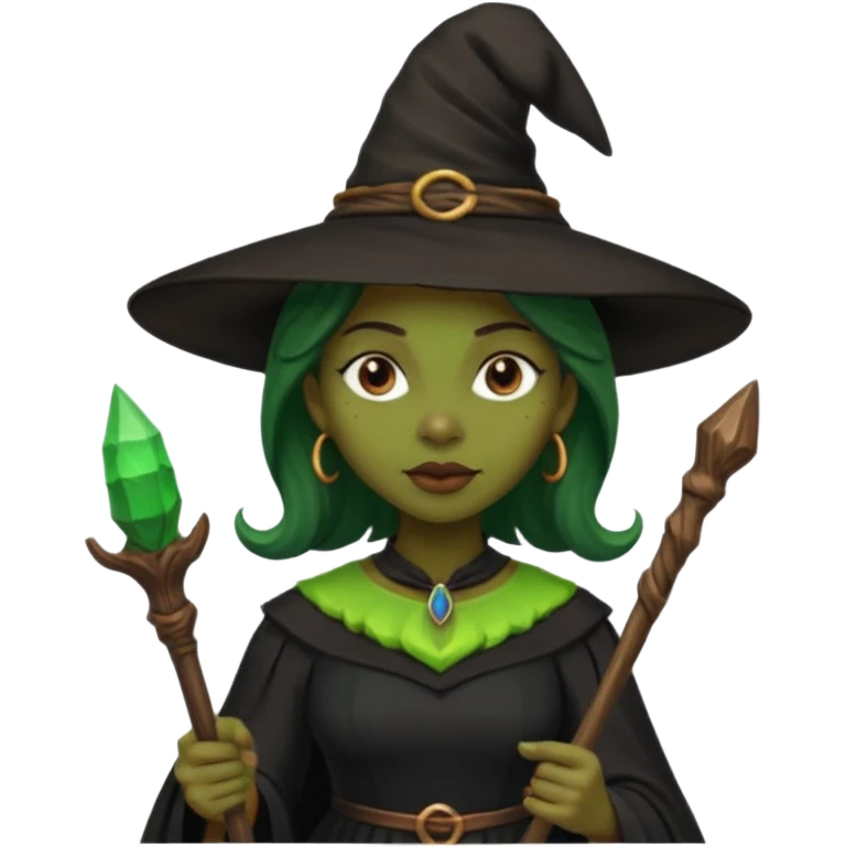 ведьма-африканка с зеленой кожей с широким носом просто в черном платье и черной ведьминской шляпе с посохом по талию emoji