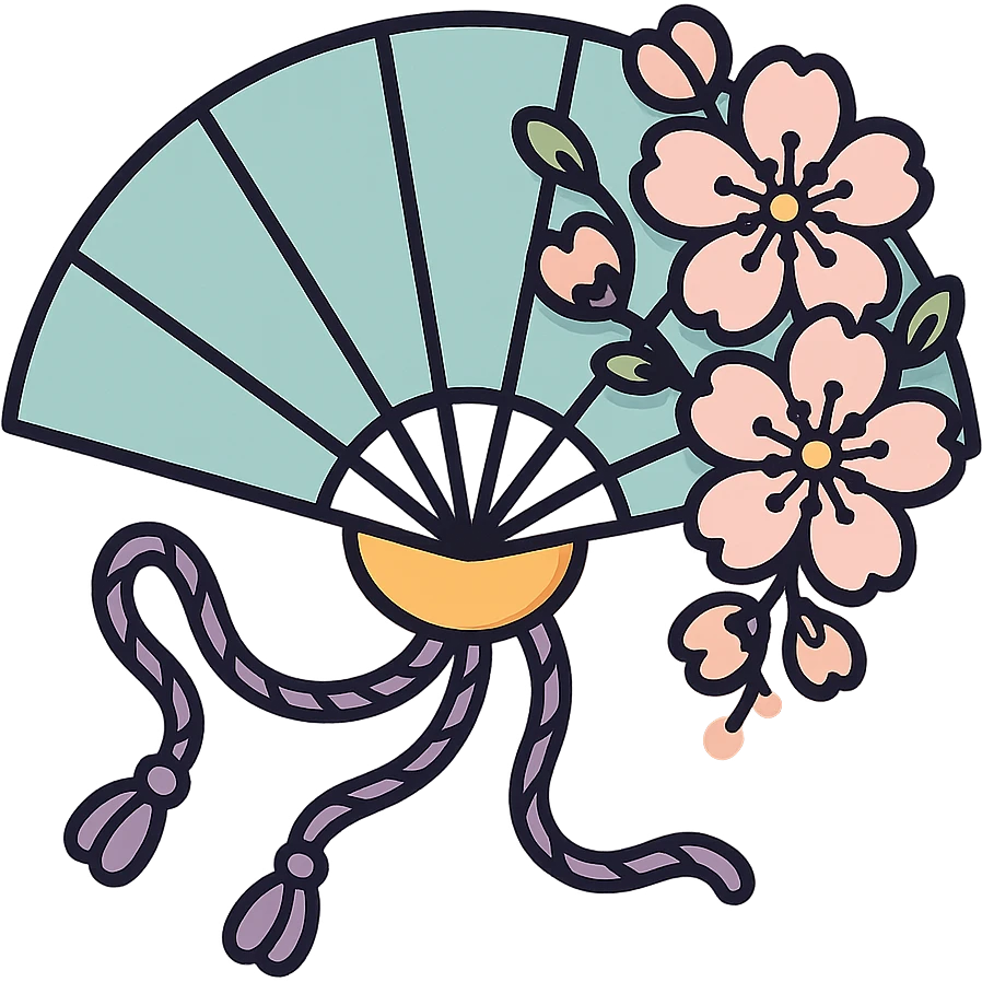 Elegant Chinese fan with cherry blossom flowers and twisted curved cords, in icon-color-outlined style. High detail with complex shadows and highlights, thin clean contours, soft rounded shapes, pastel palette #98B5BC, #B5B3C1, #C9A3C9, #E4C0CA, #F7DCD1, #F7C0AA. Modern Japanese pop-art and sticker aesthetic, soft lighting, transparent background. The cords should be twisted like decorative strings. emoji