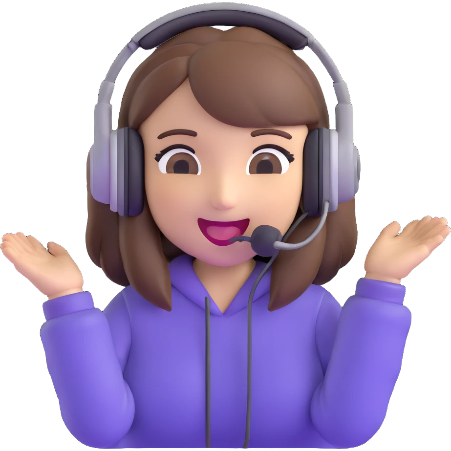 brown-haired gamer girl, excited expression, headphones, head only, emote emoji