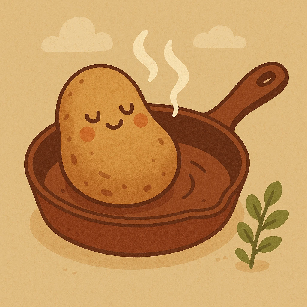 cartoon style potato in a frying pan with steam emoji