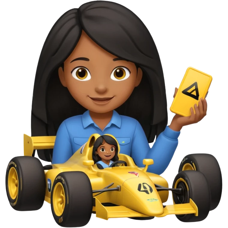  long black haired black girl kid playing yellow colored formula 1 car toy emoji
