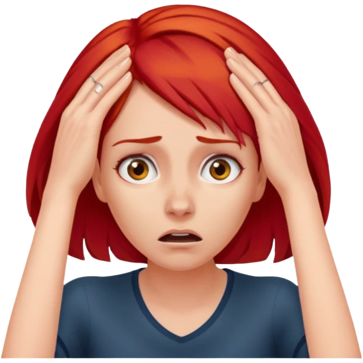 A realistic waist-up portrait of a frightened woman with her hands on her head and red hair emoji