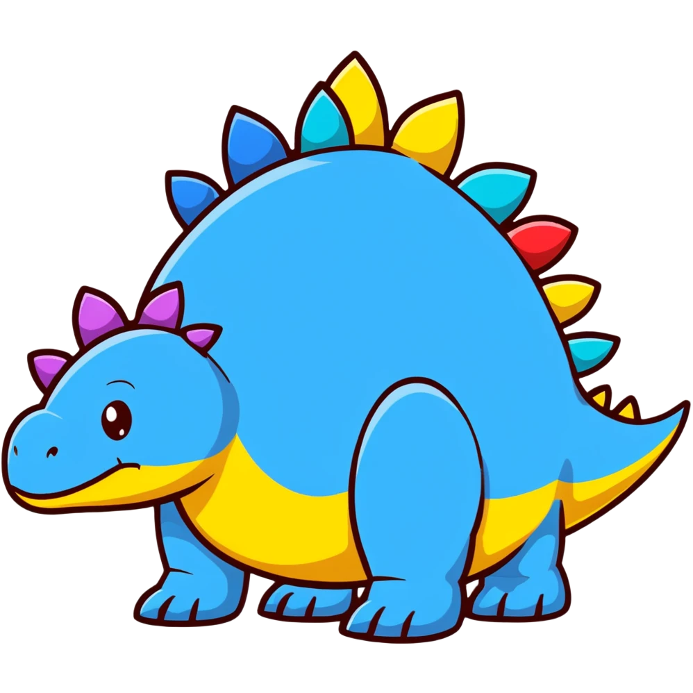 A cartoon blue toy stegosaurus with a friendly face and colorful spikes emoji