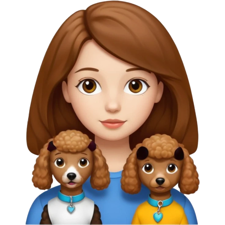 a girl with straight brown hair and a caramel-colored poodle next to her emoji