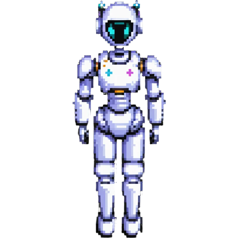 friendly feminine robot agent, pixel art style, soft colors, gentle features, for reporting child abuse reporting emoji