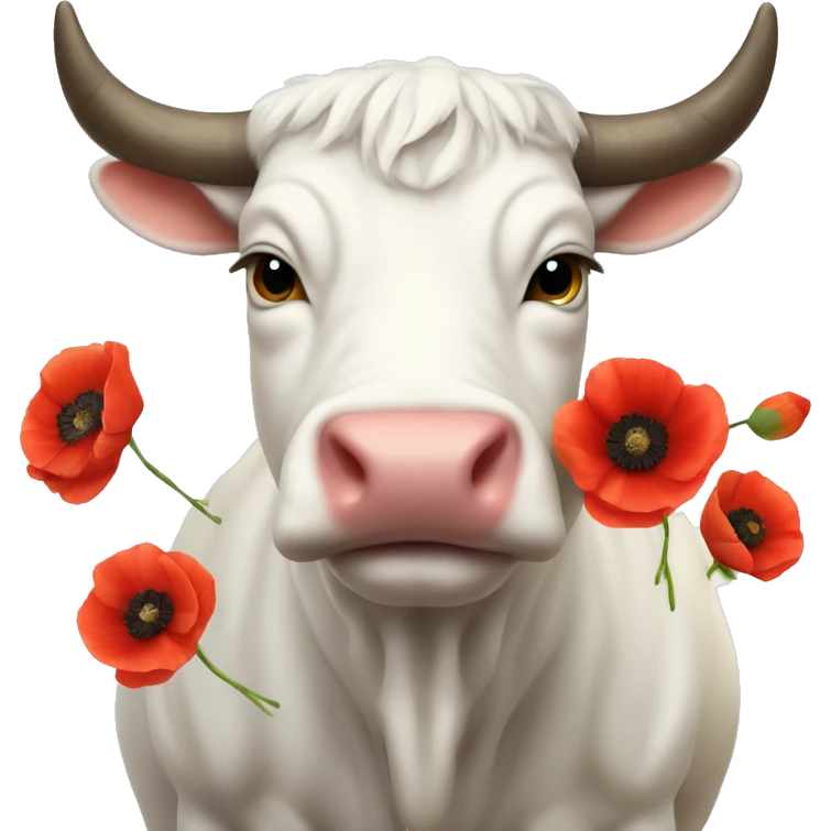 Realistic cute White Bull Ox with many poppies on big horns emoji