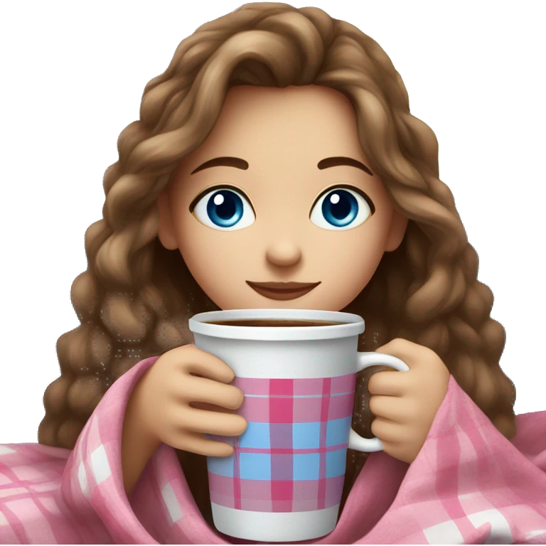cute brown haired girl with long hair wrapped in pink plaid blanket drinking coffee blue eyes emoji