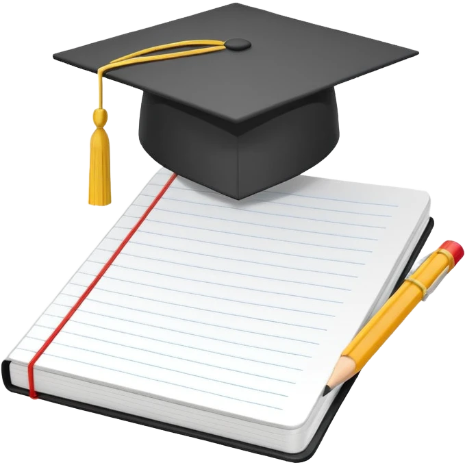 Front-facing school notebook with a small graduation cap on top, minimal line-art, clean modern style, straight angle, simple outlines, slightly 3D, no background, transparent, represents “school / sixth form / Year 13 emoji